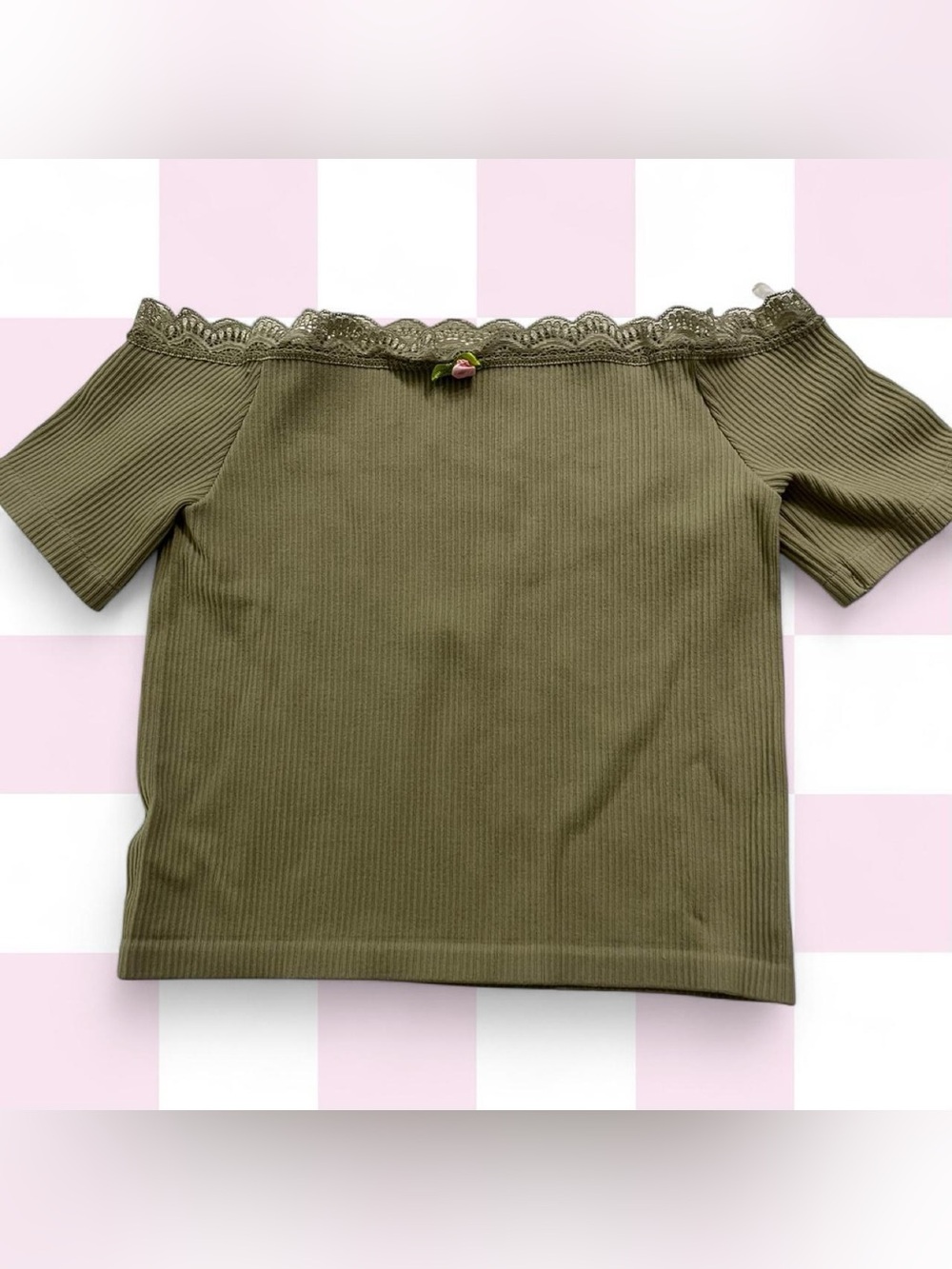 Off-Shoulder Lace Trim Ribbed Top in Olive Green